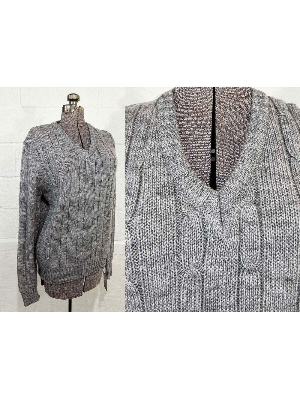Vintage Gray Pullover Sweater Cable Knit V Neck Montgomery Ward Knit 1970s XL